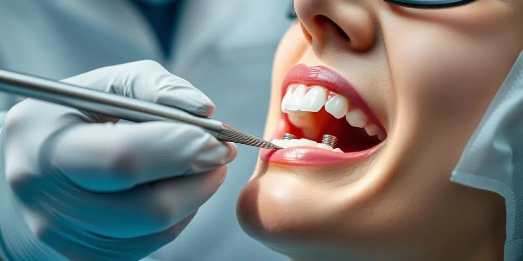Dentist examining dental implants closely