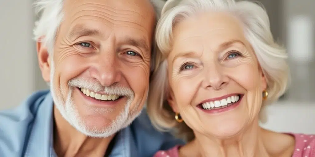 Elderly couple smiling with dental implants
